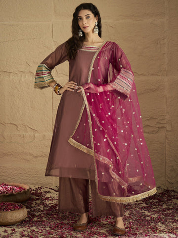 Varanga Women Graceful Rose Gold A-Line Kurta Set With Shimmer And Lace Detailing, Paired With Solid Trousers And A Net Sequin Dupatta Perfect For Festive Elegance.
